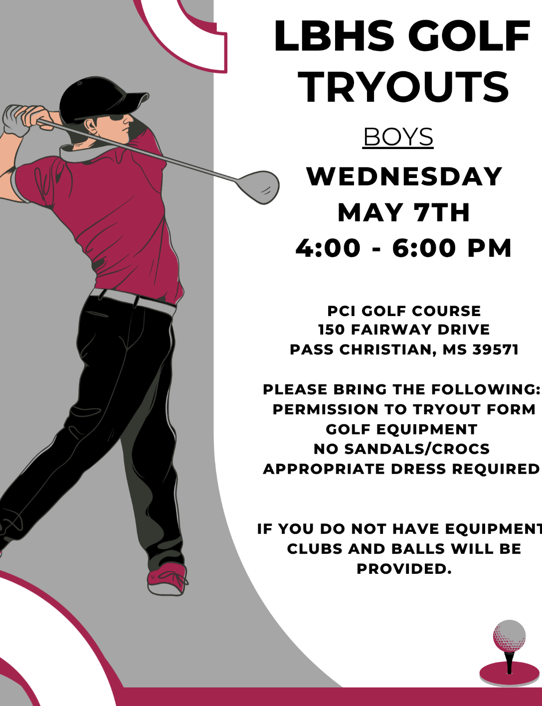 Boys Golf Tryouts May 7th 4pm to 6pm at PCI in Pass Christian